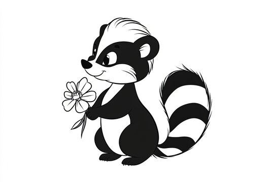 Tiny skunk with a small striped tail, holding a flower.