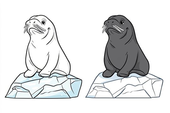 Tiny walrus with little tusks, sitting on an iceberg.