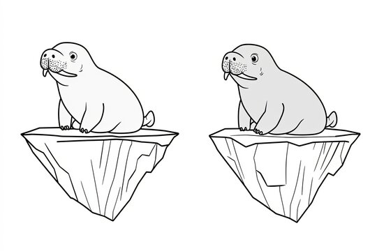 Tiny walrus with little tusks, sitting on an iceberg.