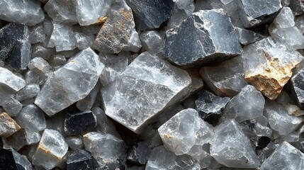 Poster - Close-up view of various grey and black crystals, showcasing their unique textures and formations.
