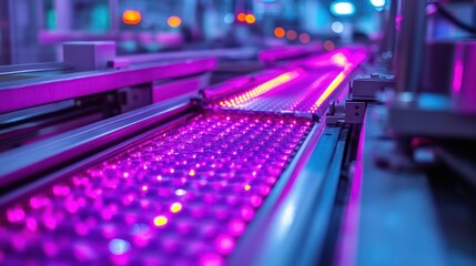 Poster - LED Light Strip Glowing with Vibrant Purple Colors in a Modern Manufacturing Facility