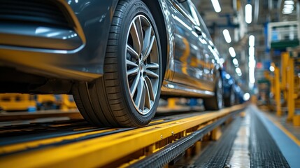 Poster - Close-Up View of Modern Car Wheel and Tire in Automotive Manufacturing Facility