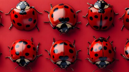 Poster - Close-up of multiple red ladybugs with black spots arranged on a red background. The image showcases the insects' shiny exteriors and intricate details. Red Ladybugs on Red Background