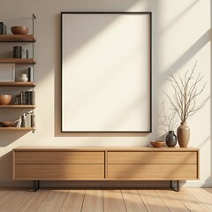 Aufkleber - Bright gallery interior rendering with blank frame for canvas. Wooden dresser, hardwood floor, commode, shelf with books, stylish decoration. Light, empty room for advertisement, exhibition mock-up,