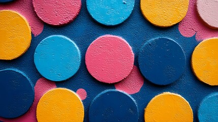 Poster - Close-up view of a wall decorated with colorful, painted circles creating an abstract art piece. Vibrant Circular Abstract Art: A Symphony of Colors