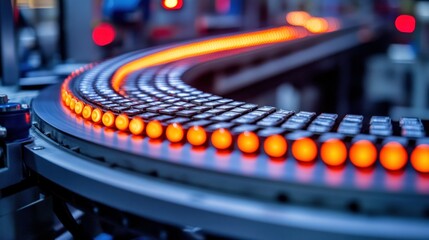 Poster - Conveyor Belt with Illuminated Circular Elements in an Industrial Setting for Production Process