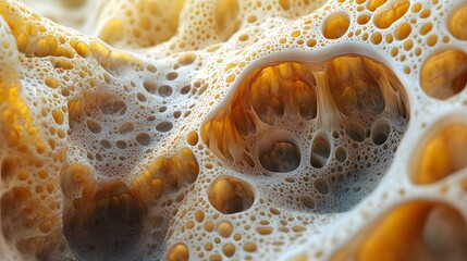 Aufkleber - Close-up of a 3D rendered abstract image showing a complex cellular structure with bubble-like formations. The colors are warm, featuring shades of golden yellow and beige. Abstract Cellular Structure