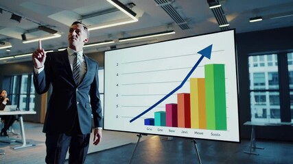 Poster - Professional executive analyzing business growth chart on interactive whiteboard during corporate meeting, demonstrating strategic financial performance in slow motion