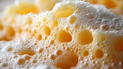 Poster - Close-up macro shot of beer foam, highlighting its texture and bubbles. Macro Photography of Frothy Beer Head: A Close-Up View of Bubbles and Texture