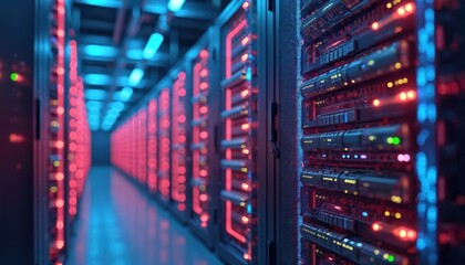 Poster - Illustration of data center server room. Connected infrastructure, engineering equipment system. Digital art for advertising, marketing, presentation. Data storage, network solutions, cyber security,