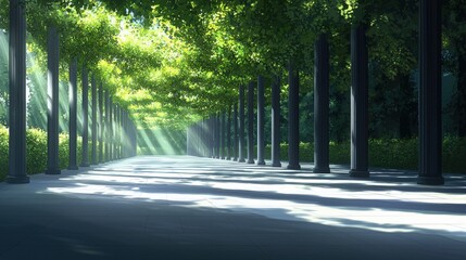 Wall Mural - sunlit pathway through a green colonnade.