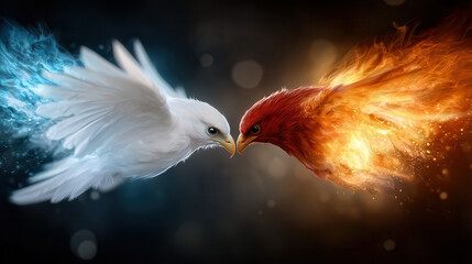 Poster - white bird with icy wings and red bird with fiery wings face each other, symbolizing balance of light and shadow. contrasting elements create dynamic visual tension
