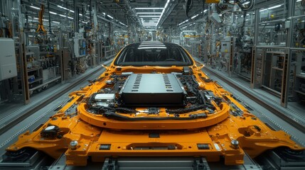 Poster - Advanced Automotive Manufacturing with Orange Engine Component in Modern Production Facility