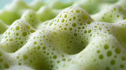 Poster - Close-up view of a green foamy texture with numerous bubbles. Abstract and organic in nature. Abstract Green Foamy Texture: A Close-Up Macro Photograph