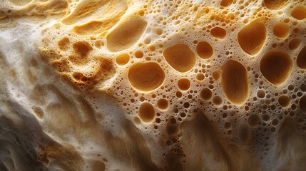 Poster - Detailed macro shot of beer head foam, showcasing its intricate texture and bubble structure. Golden hues dominate. Abstract Beer Head Foam Texture: A Close-Up Study of Bubbles and Light