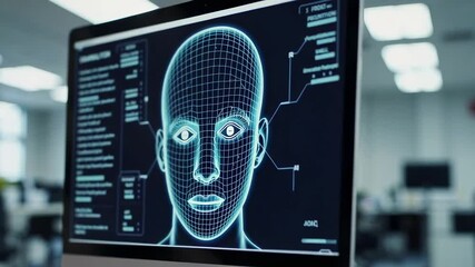 Poster - Security software analyzes a 3d wireframe model of a human face, displaying data and parameters on a computer screen in an office environment