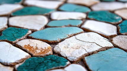 Fototapete - Close up of vintage mosaic tiles in pastel green and white, showcasing intricate patterns and textures. cracked surfaces add rustic charm, highlighting artistry and craftsmanship involved