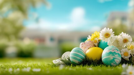 Wall Mural - Decorated easter eggs in the grass