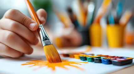 Poster - hand holding paintbrush applies vibrant orange watercolor paint on paper, surrounded by palette of various colors, evoking creativity and artistic expression