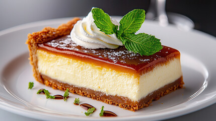 Poster - decadent slice of key lime pie with rich and smooth filling, topped with whipped cream and mint leaves, sits on white plate