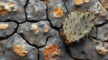 Aufkleber - A single prickly pear cactus pad lies on a surface of cracked, gray-brown earth with patches of orange and rust. The contrast of the cactus against the background is stark and visually captivating.