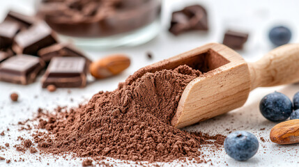 Poster - Fine cocoa powder spilling from wooden scoop onto clean surface, surrounded by chocolate pieces, almonds, and blueberries, creating rich and inviting scene