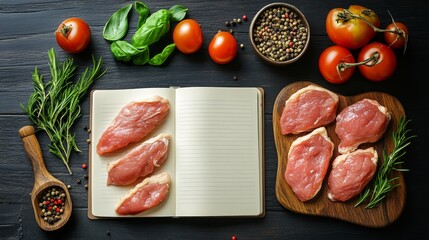 Wall Mural - Raw Chicken Fillet, Open Recipe Notepad With Culinary Ingredients On Rustic Wood Table, Top View