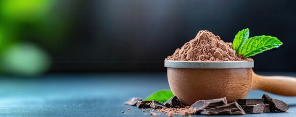 Poster - wooden scoop filled with freshly ground cocoa powder is placed on dark surface, accompanied by chocolate pieces and fresh mint leaves, creating rich and aromatic scene