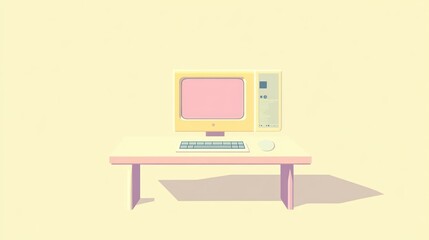 Poster - Retro computer on pastel table; minimalist digital workspace; simple desktop; vintage style image; use for web design, social media or educational content