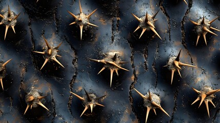 Poster - Macro shot of an abstract dark textured surface with many golden spikes. The intricate details create a visually striking pattern.