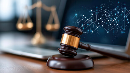 Poster - judge gavel rests on desk with laptop displaying digital connections, symbolizing intersection of law and technology. Scales of justice are blurred in background