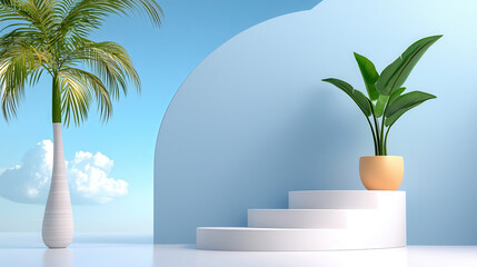 Aufkleber - Minimalist white stepped platforms with potted plant and palm tree against blue sky create serene and abstract setting