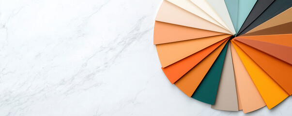 Poster - selection of modern paint swatches arranged in visually appealing gradient on marble surface. swatches display variety of colors, from warm oranges to cool blues, creating harmonious palette