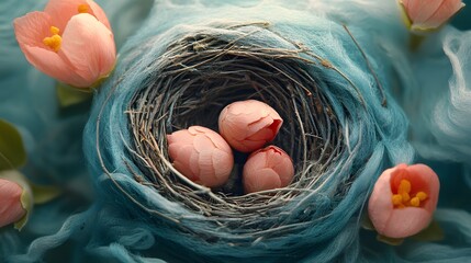 Aufkleber - Close-up of a bird's nest with three pink eggs and delicate pink flowers. Serene and peaceful atmosphere. Serene Nest: A Delicate Composition of Pink Flowers and Eggs in a Bird's Nest