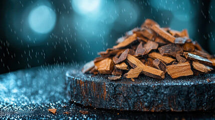 Poster - close up of dried wood chips on dark surface with water droplets, creating textured and atmospheric scene. focus is on natural elements and play of light and shadow