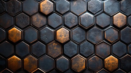 Poster - Dark and copper metallic hexagons create an abstract background. Geometric pattern for design. Abstract Hexagon Pattern: Dark and Copper Metal Texture