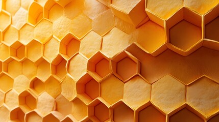 Poster - Close-up view of an abstract honeycomb pattern. Golden hexagons create a textured, geometric design. Abstract Honeycomb Structure: Golden Hexagonal Pattern