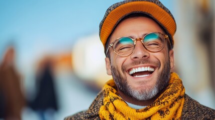 Poster - Man with glasses and a yellow hat is smiling and laughing. He is wearing a scarf and a jacket