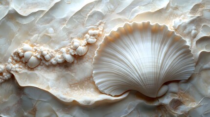 Poster - Close-up of a carved seashell on an alabaster surface. The image showcases intricate textures and elegant forms. Sculptural Seashell on Alabaster: A Study in Texture and Form