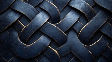 Poster - Close-up view of an abstract metallic texture with dark blue and gold tones. The intricate pattern creates a visually engaging surface. Abstract Dark Blue and Gold Intertwined Metal Texture