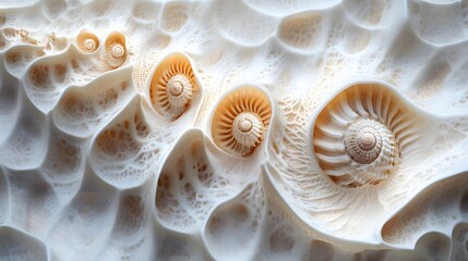 Poster - Close-up view of abstract seashells embedded in a creamy textured surface. The spirals are prominent, creating a unique pattern. Abstract Spiral Seashells Embedded in a Creamy Textured Surface