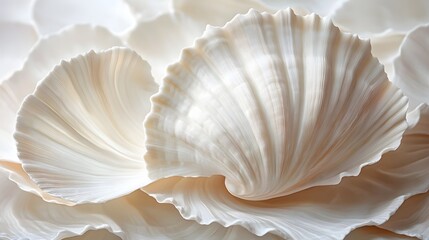 Poster - Close-up of delicate, creamy white seashells, showcasing their intricate textures and soft light. Peaceful and serene atmosphere. Serene Seashells: A Close-Up Study of Elegant Shell Textures