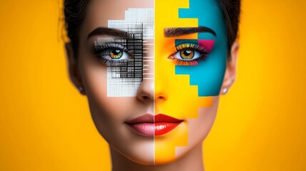 Poster - Woman's face is split into two halves, one half is painted with a black and white pattern and the other half is painted with a colorful pattern. The image is a creative