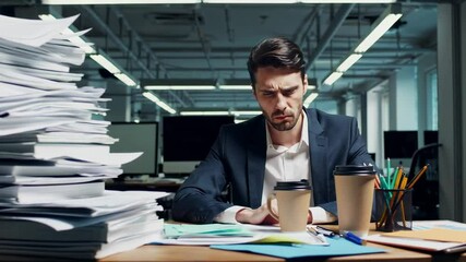 Poster - Professional businessman experiencing severe workplace stress, drowning in overwhelming paperwork while struggling with mounting job pressure and mental exhaustion during late night office hours