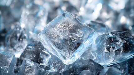 Aufkleber - A macro photograph showcasing a pile of translucent ice cubes, emphasizing their crystal-like structure and icy textures. Close-up of Sparkling Ice Cubes, Crystal Clear Texture