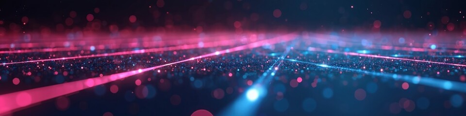Fototapete - Dark abstract tech grid background with minimalist futuristic elements. Softly glowing neon pink, blue hues. Perfect for wallpaper, technology innovation backdrop. Visualizes virtual reality, machine