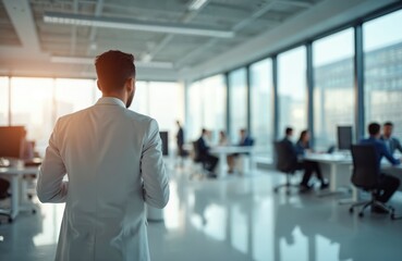 Poster - Modern office blurred background with working businessmen. Man looks at coworkers discussing project in meeting room with panoramic windows. Banner background for copy space represents teamwork,