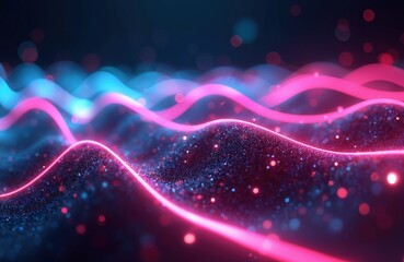 Poster - Abstract futuristic background with pink blue glowing neon wave lines, bokeh lights. Data transfer concept. Fantastic wallpaper. High speed motion stream. Modern tech design. Cyber space science