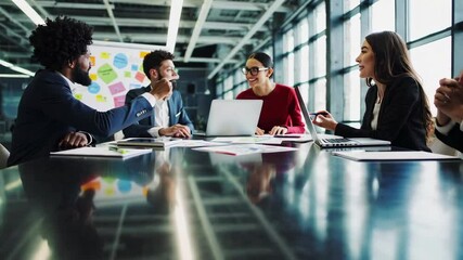 Aufkleber - Professional multi ethnic business team strategizing together, exchanging ideas and solving challenges during collaborative meeting in contemporary corporate workspace