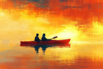 Wall Mural - Silhouetted couple kayaks across calm waters at sunset, enjoying a serene and peaceful moment.